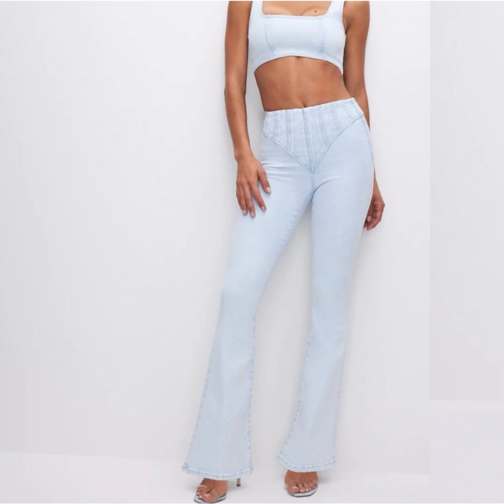 Good American good legs mega compression flare jeans indigo, size 6